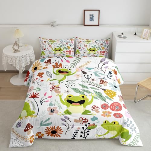 Erosebridal Kawaii Frog Comforter Set Mushroom Floral Twin Bedding Sets for Boys,Cartoon Animal Quilt Watercolor Flowers Leaves Toddler Duvet Insert for Girls Kids Children,Cute Room Decor