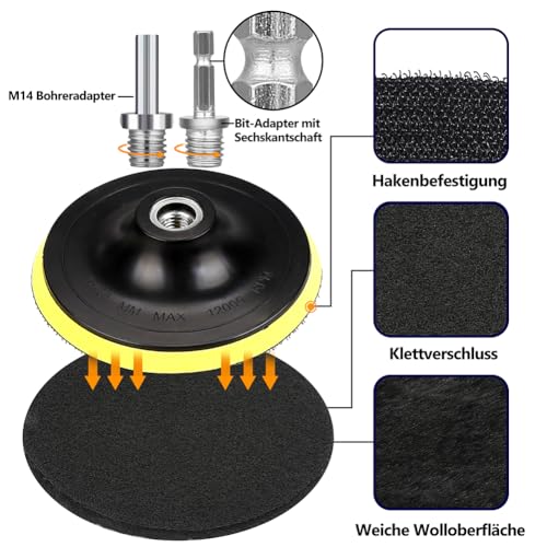 Polierpads 180mm Klett,Lammwollhaube Polieraufsatz,5tlg Polieren polierscheibe Polierset Set mit Klett pad,M14 Drill,Sechskantschaft