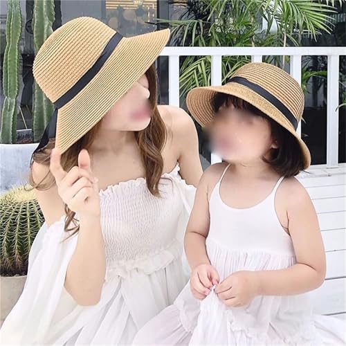 Parent-Child Straw Summer Hat with Bow Breathable Wide Brim Casual Summer Bucket Hat Outdoor Beach Wedding Travel Accessories White1 Child4