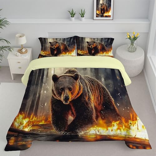 JEDTAKCT Trapunta Matrimoniale Per Bambini, Con Stampa Orso Bruno Fiamma, Trapunta 4 Stagioni, Foresta Retrò, Piumone Tan, Letto 200X200 Federa, Reversibile Piumino Senza Copertina