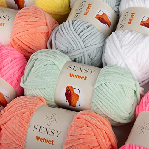 Sensy Velvet Yarn For Crocheting, Baby Blanket Yarn, Chenille Yarn, Amigurumi Yarn, 3.5 Oz, 132 Yards, Gauge 5 Bulky (White) #TOP2