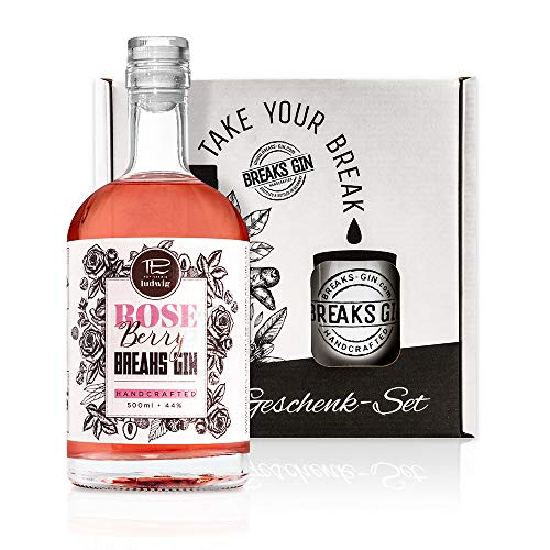 Breaks ROSE BERRY Gin I Premium Gin mit Himbeeren, Rosen & Litschis I Geschmack: Fruchtig, frisch mit rosigem Bouquet I Exklusiver Gin – Handgemacht in Deutschland I Geschenkset mit Tasse & 0,5 L Gin
