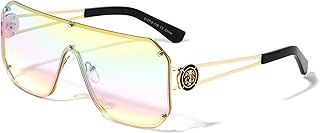 Kleo Regent - Rimless Studded Flat Top Side Coin Lion Head Medallion Shield Hip Hop Sunglasses (Iridescent)