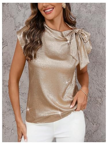 SOLY HUX Women's Metallic Tops Bow Tie Mock Neck Cap Sleeve Elegant Blouse4
