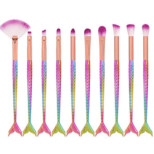 Makeup Brush Set 10 Pcs Fish Tail Eye Makeup Brushes, Eyeshadow Concealer Eyeliner Brow Blending Brush Tool(Multicolor Mermaid Handle)