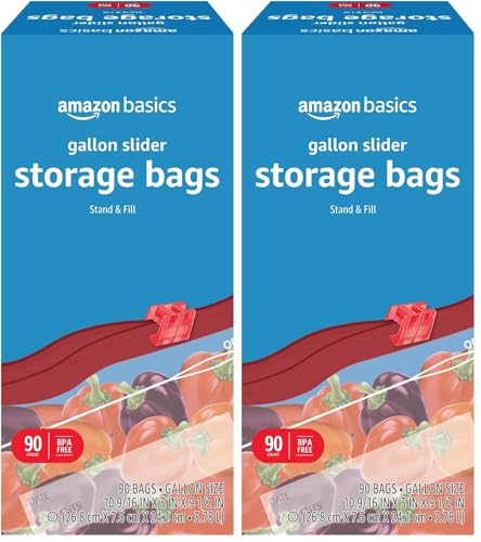 Image of Amazon Basics Slider Gallon Food Storage Bags, BPA Free, Stand-Up Bottom, Easy to Fill, 90 Count (Pack of 2)