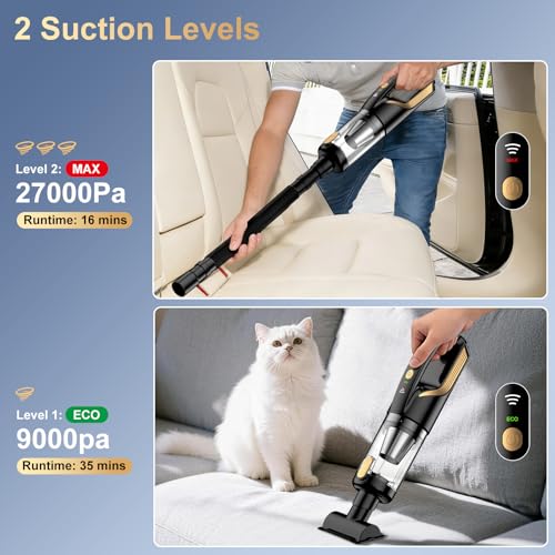 Image of RABIGALA 4-in-1 Cordless Handheld Car Vacuum Cleaner with 12V 5M Cigarette Lighter Adapter Cable, 27000Pa, 2 Speeds, 80000rpm Brushless Motor, Rechargeable Portable Car Vacuum Cleaner for Car and