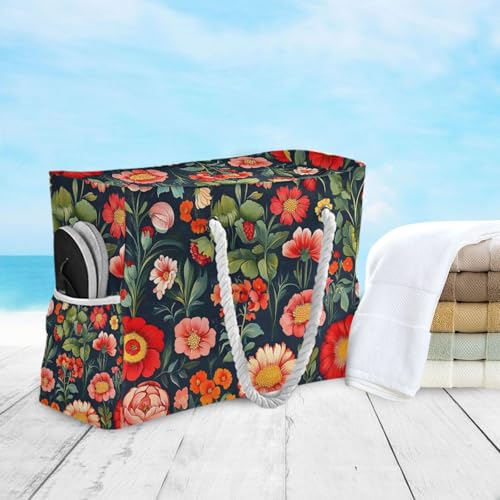 Colorful Flower Black Beach Bag for Women Large Beach Tote Bag with Zipper for Travel Vacation4