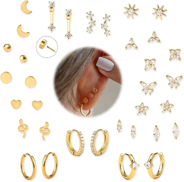KRFY Flat Back Stud Earrings - 17 Pairs Surgical Steel Stud Earrings For Women Hypoallergenic Hoop Earrings Tiny Screw Back Cartilage Earring Set For Multiple Piercing