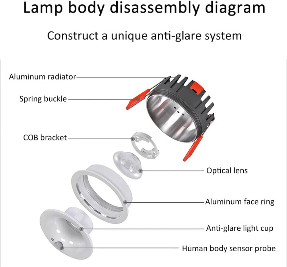 4個パック 7W 埋め込み式スポットライト、赤外線モーションセンサー付きLEDダウンライト、リビングルームや寝室用の円形フラッシュマ 4個パック 7W  埋め込み式スポットライト、赤外線モーションセンサー付きLEDダウンライト、リビングルームや寝室用の円形フラッシュマ ...