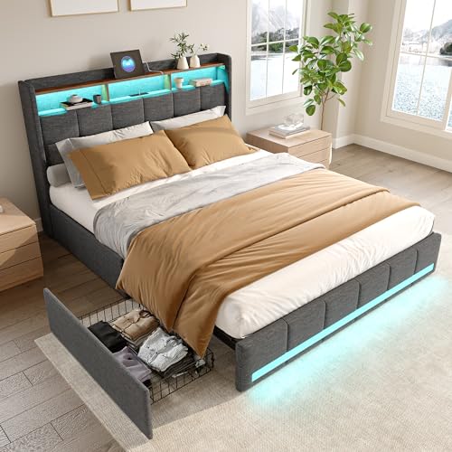 WOBOPCG Cama Tapizada 160x200,Cama Doble con 4 Cajones Cama Doble Tapizada con Somier Cama Acolchada Cama con USB y Luz LED Marco de Cama con Cabecero Cama de Matrimonio (Gris,Lino C, 160 × 200 cm)