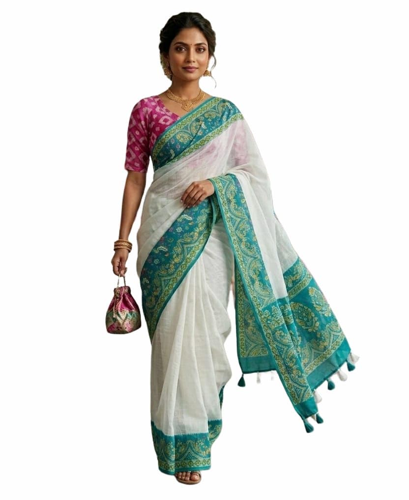 Cream Pure Cotton Saree with Teal Kalamkari-Inspired Borders-picture-50