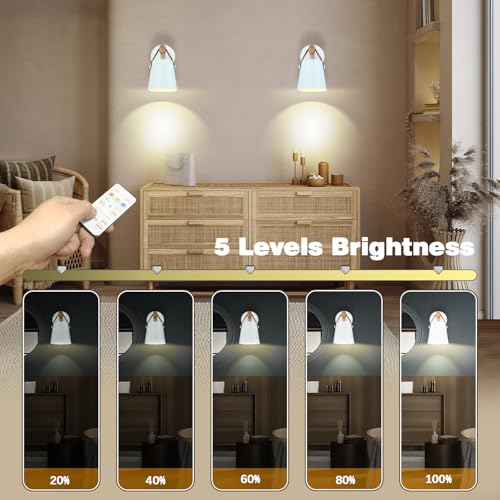 Image of Battery Operated Wall Sconces Set of Two, Dimmable Battery Powered Wall Sconces Lamp, White Cordless Wall sconce with Remote Control, Indoor Wireless Wall Mounted Lamp For Bedroom Living Room