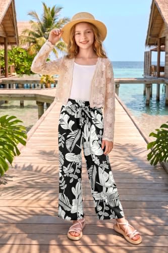 Image of Girls Summer Floral Wide Leg Pants High Waisted Flowy Dress Trousers with Pockets for School Lounge Beach 5-14 Years