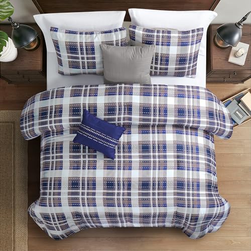 Image of Modern Threads 5-Piece Printed Comforter Set Deagan - Blue & Tan Plaid Bedding with Decorative Pillows & Shams, Soft All Season Bed Set, King