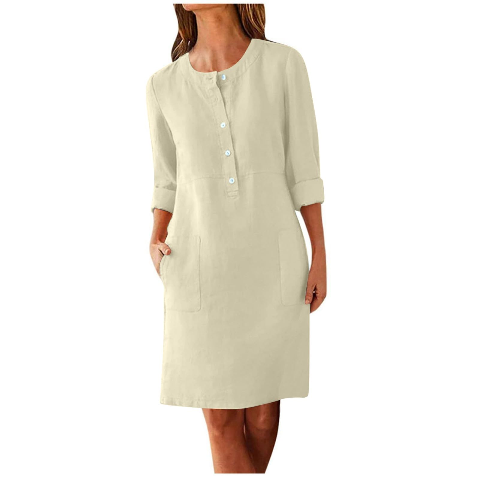 AMhomely Summer Dresses with Pockets for Women UK-Plus Size Short Sleeve Casual Dress,Button Front Knee Length Sundress,Round Neck Loose Breathable Dresses,Office Work Party A Beige L