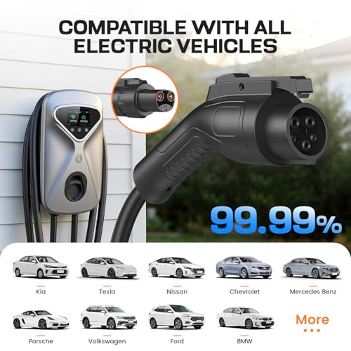 Image of Level 2 EV Charger 50 Amp Hardwired, 48 Miles Range /Hour Smart Electric Vehicle Charging Station with WiFi App, 25ft Cable, RFID & LCD Display, J1772 & Tesla Adapter, 120V Indoor /Outdoor(Silver)