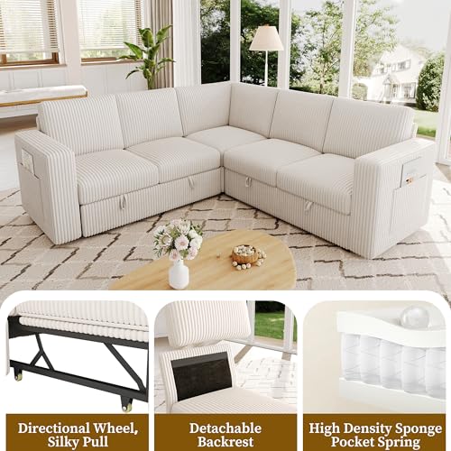 Image of 83.5 inch Corduroy Sectional Sleeper Sofa Pull Couch with Storage Beige | 5 Seat Comfy Couches for Living Room, Apartments, or Guest Spaces; Sectionals Modular Sofa Design, Comfortable Seating.