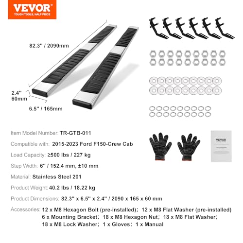 VEVOR 6-Zoll-Trittbretter Kompatibel mit 2015-2023 Ford F150-Crew Cab/2017-2023 Ford F-250 F-350 Super Duty Crew Cab, 201 Edelstahl-Seitentrittbretter, 227 kg Kapazität, 2-teilig