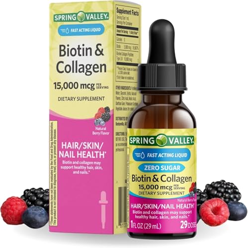 Liquid Biotin and Collagen 15000Mcg, Natural Berry Flavor, Drops for Hair, Skin, Nails by Spring Valley 1 fl oz (Pack of 1) VSL-Shops
