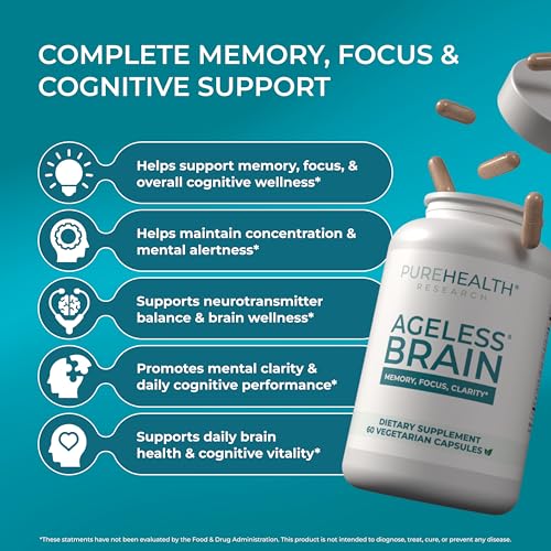 PUREHEALTH RESEARCH Ageless Brain Supplements for Memory and Focus - Nootropic Brain Health Supplement for Adults - with Bacopa Monieri, Alpha GPC, L-Tyrosine, Vitamin B6, Niacin & More, 60 Capsules - Image 4
