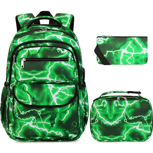 Bevalsa Backpack for Boys Lightning School Bags with Lunch Bag & Pen Case for Kids Bookbag for Boys Teens Elementary Middle High School