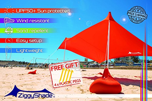 ZiggyShade Family Beach Sunshade – Lightweight Sun Shade Tent with Sandbag Anchors & 4 Free Pegs | UPF50+ UV Quality Lycra Fabric | Large & Portable | Canopy for Parks & Outdoors (Red, Jumbo) - Thumbnail 7