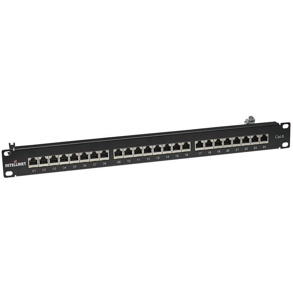 Intellinet 720038 24-Port Cat6 Patchpanel FTP 1 HE (Klemmleisten mit 90 Grad abgewinkelten Kabeleinführungen) geschirmt schwarz