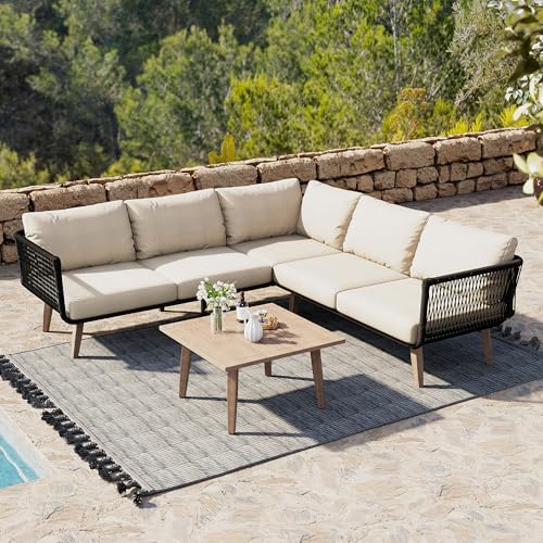 boorbin Juego de muebles de jardín, sofá + mesa de café, tubo de acero galvanizado, olefina, tablero de madera de grano de madera, cuerda trenzada artesanal, para jardín, beige + negro