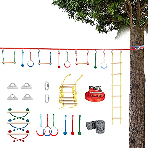 JOYMOR Upgraded Ninja Warrior Obstacle Course for Kids, 59 Feet Slack Line with Climbing Ladder, 3 Gymnastics Rings, 3 Monkey Bars, 3 Knots, Outdoor Ninja Warrior Training Equipment for Backyard Play