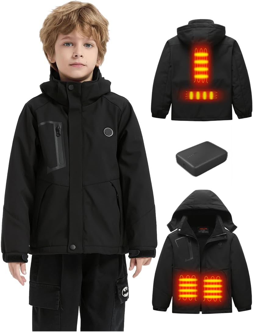 Kids Heated Ski Jacket with 10000mAh Battery – Winter Outdoor Electric Softshell Jacket for Boys and Girls.