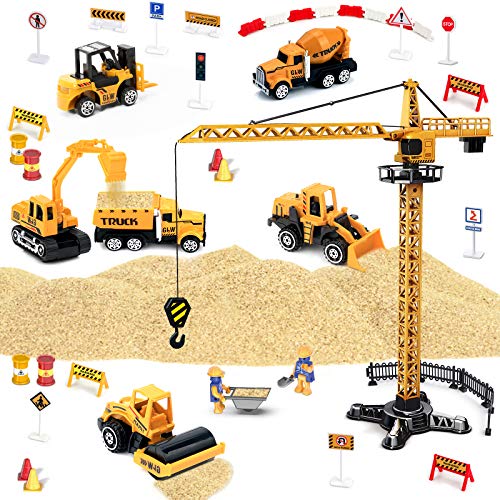 Kids Construction Site Vehicles Toy Set - Tractor Truck with Matchbox Bulldozer, Forklift, Steamroller, Dump, Cement Mixer, Excavator Digger, Crane, Christmas Birthday Gifts for 2 3 4 5 Years Old Boys