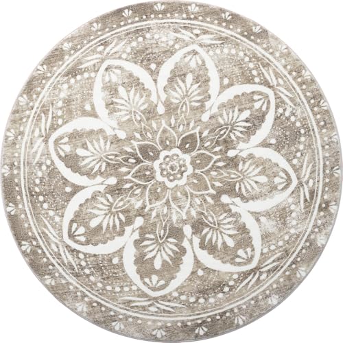 Carvapet Washable Round Area Rug 122cm/4ft Soft Fluffy Circle Carpet Rug Short Pile Non Slip Bohemian Floral Floor Round Rugs for Living Room Bedroom(Taupe)