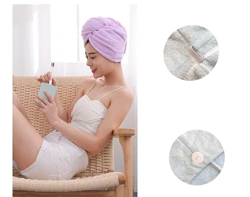 Foto von 2 Stück Mikrofaser Handtuch Haare, Haarturban, Super Saugfähig, Verdrehter Turban, Schnell Trocknend, Haarkappen Mit Knöpfen Haar Trocknendes Tuch Für Alle Haartypen(Lila/Rosa 65CM X 25CM)