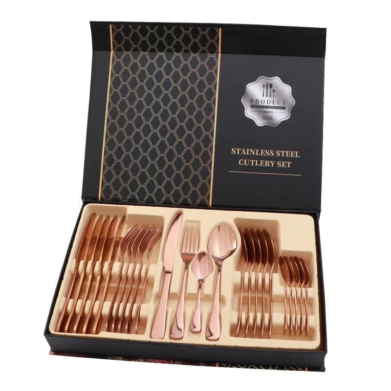 Rengue Juego de Cubiertos, Juego de Cubiertos de Acero Inoxidable de 24 Piezas con Pulido de Espejo y Diseño de Cabeza Redonda, para Restaurante, Comedor en Casa, Regalo (Oro rosa)