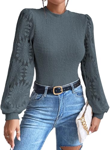 Image of BLENCOT Womens Casual Crochet Top Mesh Lace Long Sleeve Shirts Waffle Knit Blouse Crewneck Shirt Fall Womens Tops Pullover