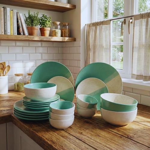 Image of Freakway 21-Piece Ceramic Dinnerware Set | 6 Dinner Plates, 6 Quarter Plates, 6 Bowls & 3 Large Serving Bowl | Dual Minth Green and Beige Color Speckled Design