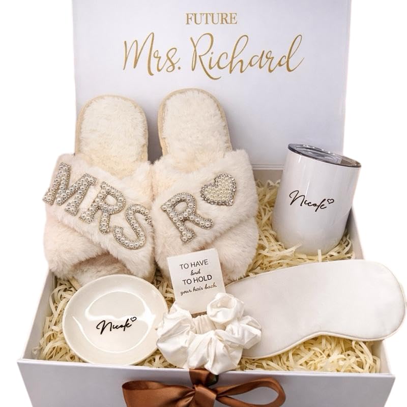 Personalized Luxury Bridal Gift Box with Mrs. Slippers, Tumbler, Jewelry Dish, Satin Sleep Mask and Scrunchie