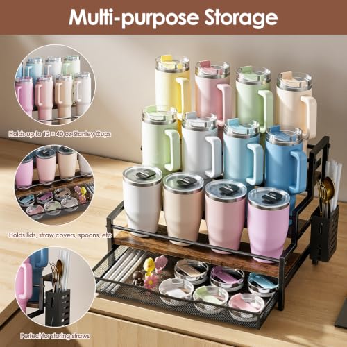 Image of Water Bottle Organizer for Full 40 oz Stanley with Handle, Black | 3 Tier Stanley Cup Organizer, 12 Bottles Capacity, Rustic Countertop Display Shelf, For Coffee Bar, Cabinet, Countertop