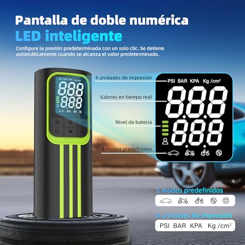 Compresor Aire Portatil, Inflador Ruedas Coche 150 PSI Inalámbrico, Batería Recargable con Pantalla Digital y Luz LED, Modos Automáticos de Inflado, para Coche, Moto, Bicicleta y Pelotas,Negro y verde - imagen 4
