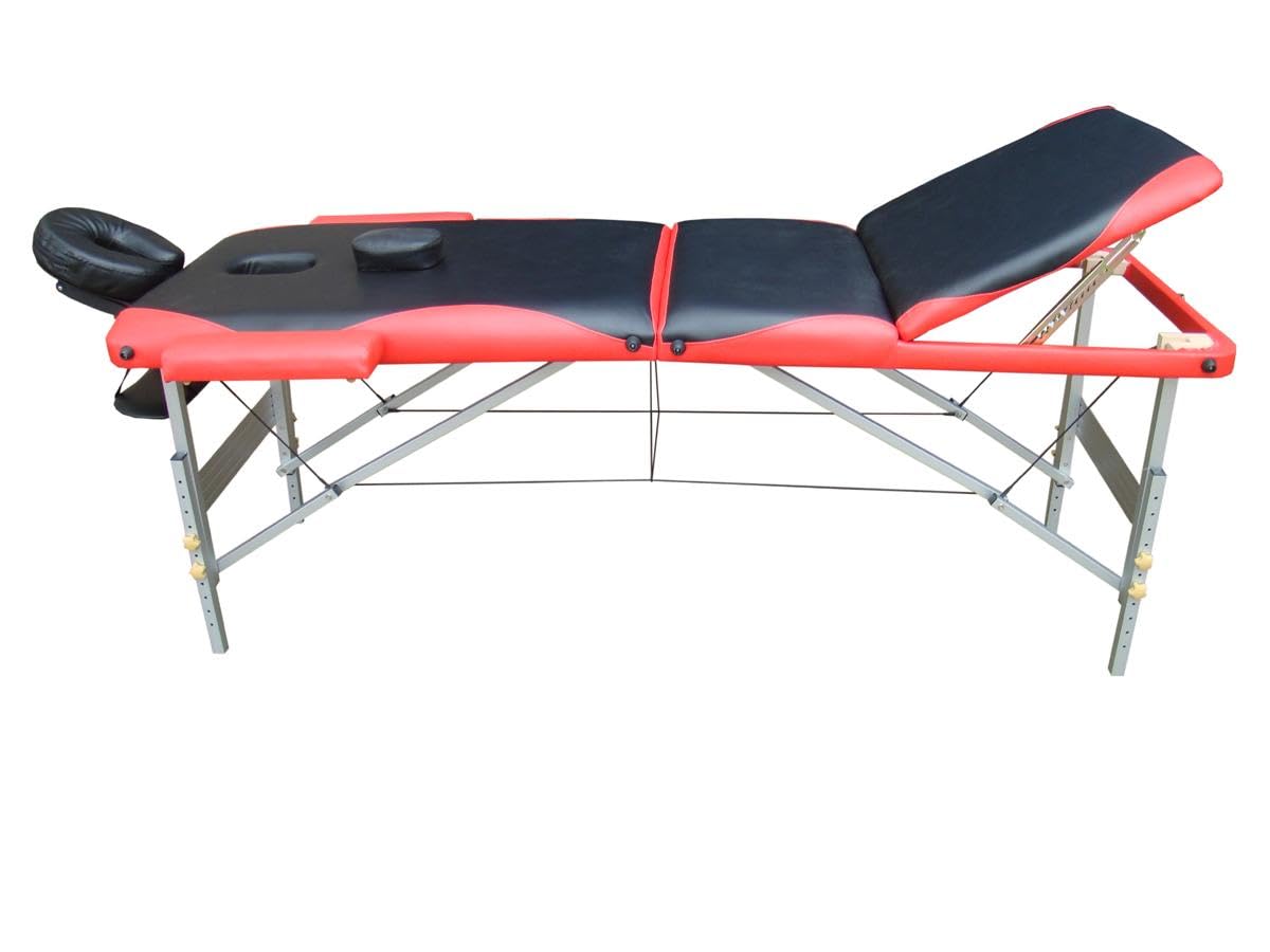 Mucola Massageliege 3 Zonen Kosmetikliege Aluminium | klappbar und höhenverstellbar | Portable Massagebank inkl. Zubehör Kopfstütze, Armlehnen und Tragetasche - Schwarz/Orange