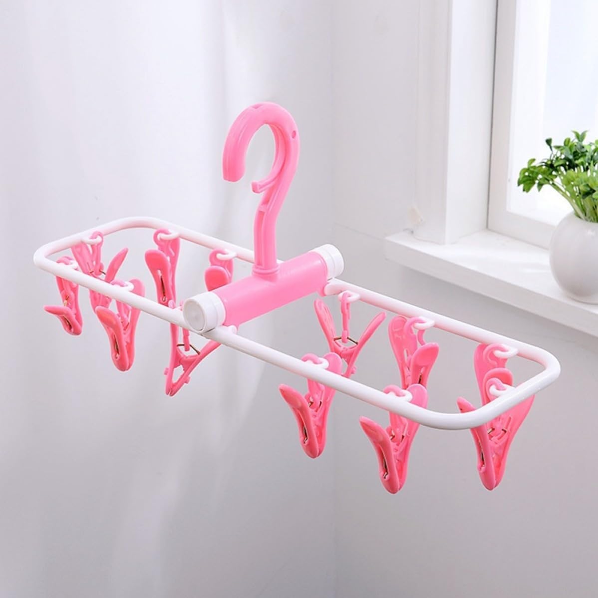 Pink Plastic Foldable Clip and Drip Laundry Hanger 12 Clips