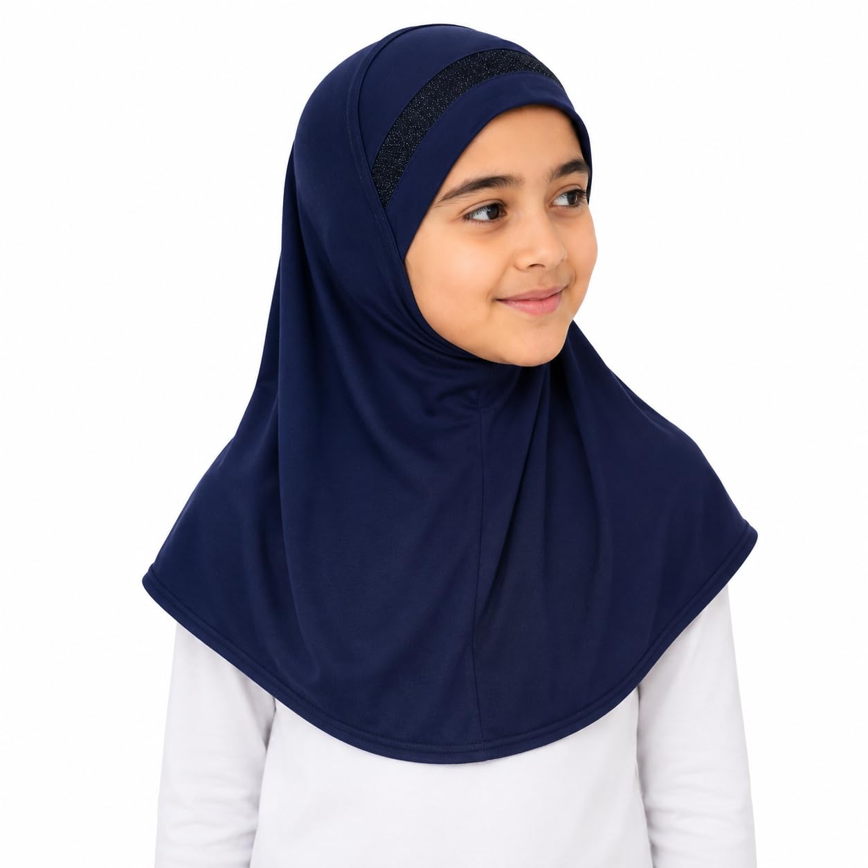 Yaqeen Girls instant headscarf hijab al Amira with glitter borde, readymade pull on scarf, ideal for any occassion school/nursery (Navy)