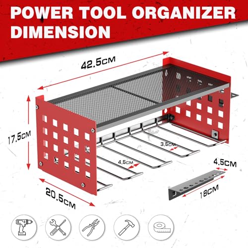 Yeabett 2 Layer Power Tool Organizer Storage Rack, Tool Shelving for 4 Drill Holders, Heavy Duty Wall Mounted Rack for Garage, Home, Workshop (Red) 4 Yeabett 2 Layer Power Tool Organizer Storage Rack, Tool Shelving for 4 Drill Holders, Heavy Duty Wall Mounted Rack for Garage, Home, Workshop (Red) - Image 4