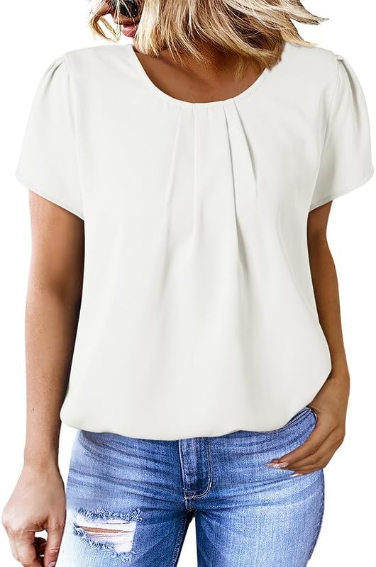 Dokotoo Women’s Casual Round Neck Basic Pleated Tops Short Sleeve Loose Fit Curved Keyhole Back Chiffon Blouses Tshirts