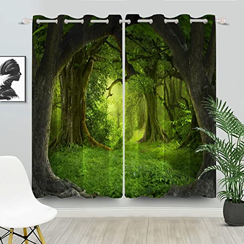 DORCEV Enchanted Forest Curtains Green Fantasy Magic Forest Window Curtains for Kids Bedroom Decor Sunshine Jungle Trees Botanical Plants Elf Fairy Tale Boys Girls Window Drapes,53x96 inch,2 Panels