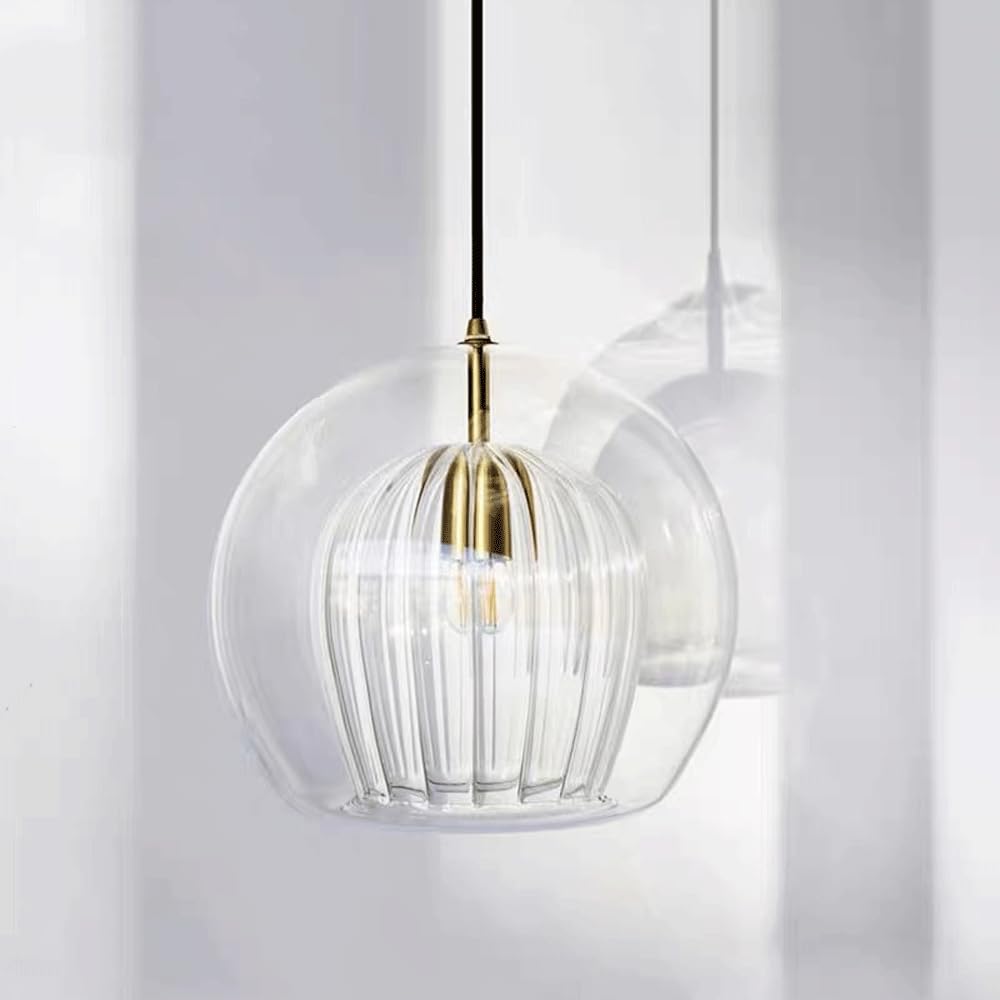 HYJAUSXB Modern Nordic Gold Double layer Hand blown Glass Pendant Light for Kitchen Island Clear Hanging Ceiling Lamp Fixture with E27 Bulb Retro Dinning Room Chandelier.