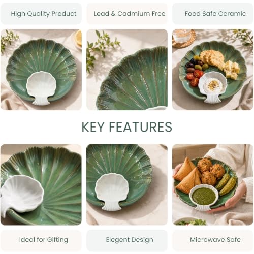 Image of The Earth Store Green Sea Shell Ceramic Platter - Microwave & Dishwasher Safe Serving Platter Ceramic | Platter Plates for Serving Snacks, Appetizers & Desserts for Home, Cafes & Restaurants