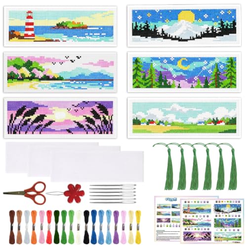 Image of ACRNIGHEET 6PCS Cross Stitch Bookmark Kit for Beginner Stamped Cross Stitch Kits for Adults Horizontal DIY Tassel Embroidery Bookmark Kits Needlepoint Kit with Instructions Craft Gift 8.5''x3'' 11CT