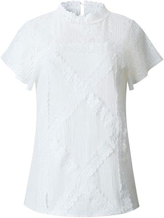 ZXZY Women Cute Lace Blouse Top Short Sleeve Lace Hollow Out Turtle Neck T Shirt